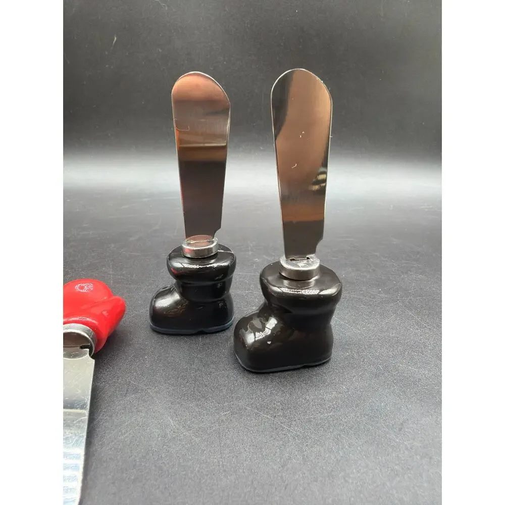 Vintage Santa Mitten & Boot Cheese Spreader Knife Set Stainless Steel 4 Pc